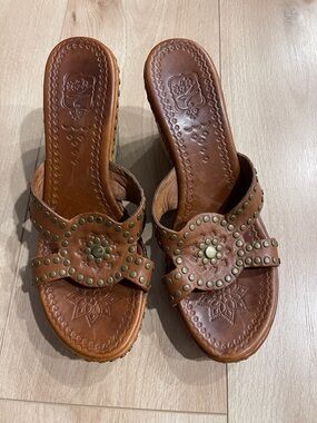 Studded Brown Leather Slide Mules - Women's Casual Sandals